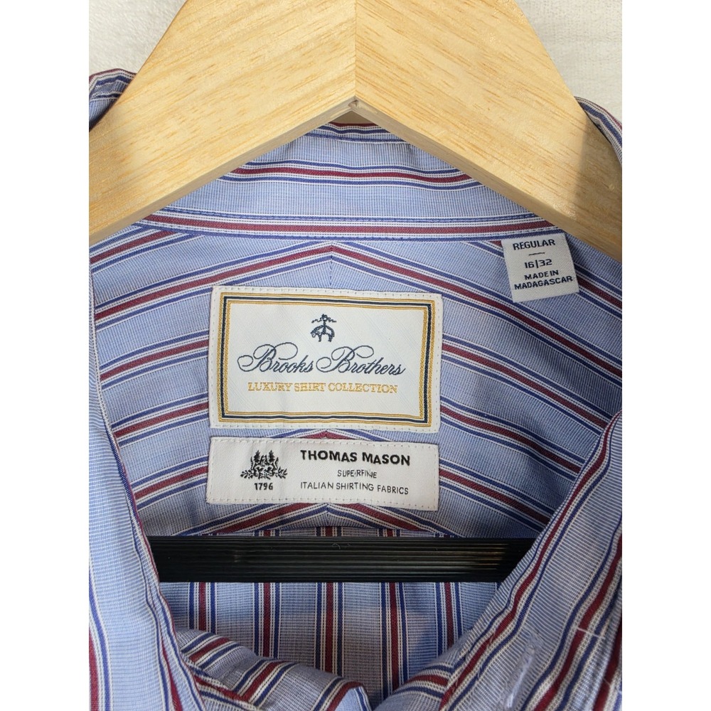 Brooks Brothers Luxury Shirt Collection Thomas Mason Mens 16 32 Blue Red Striped - Picture 3 of 6